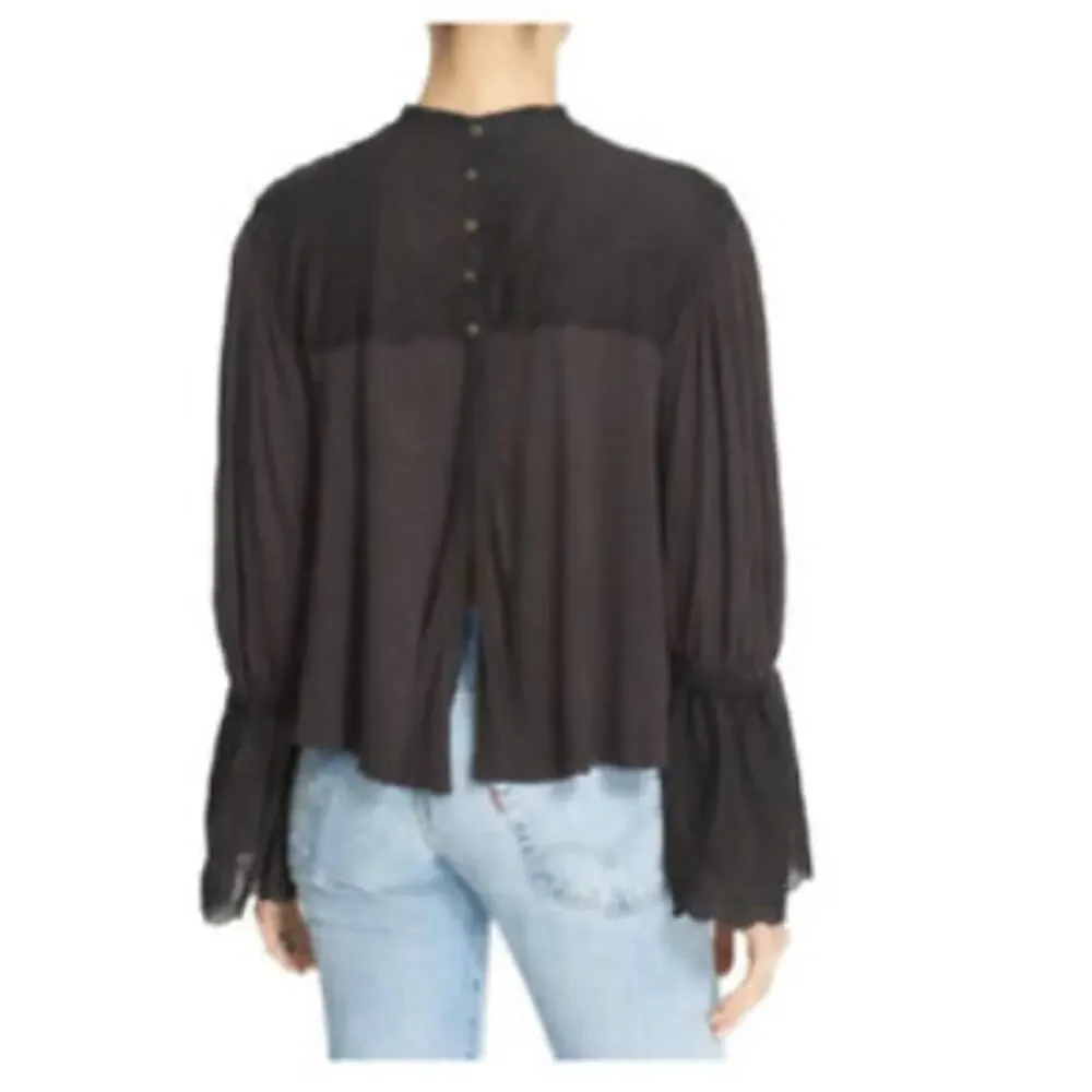 Free People XSmall Dark Gray Femme Fatale Bell Sleeve Top Embroidered Open Back